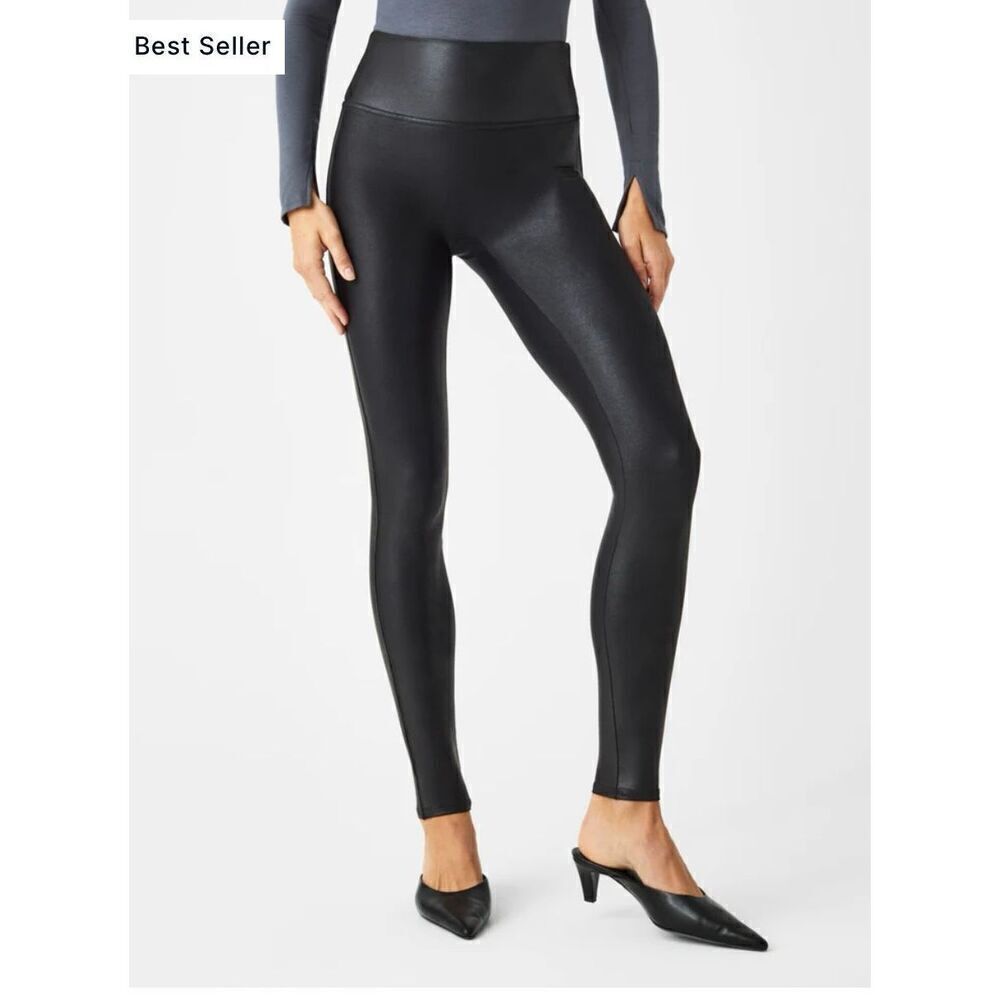 Faux Leather Leggings‎ High Waist Smoothing Tummy Control Black